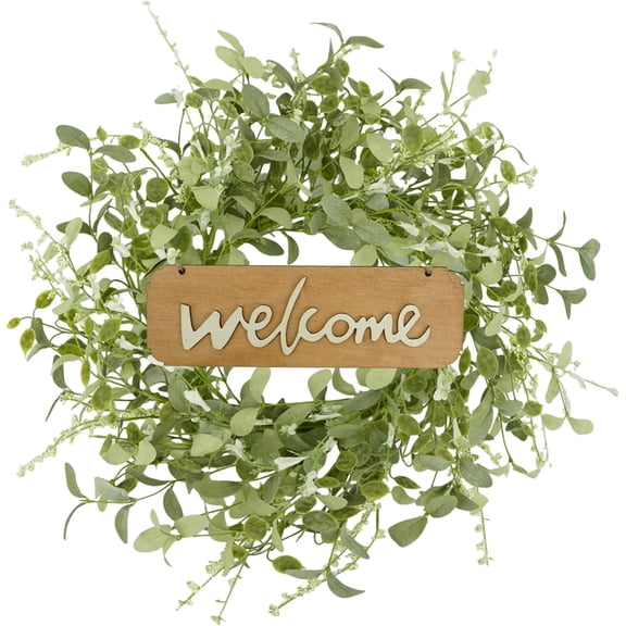 18" Spring Wreaths for Front Door with Welcome Sign Summer Wreath, Green Eucalyptus Leaves White Flowers, Artificial Wreath Green Foliage Wreath for Wall Window Farmhouse Party Holiday Home