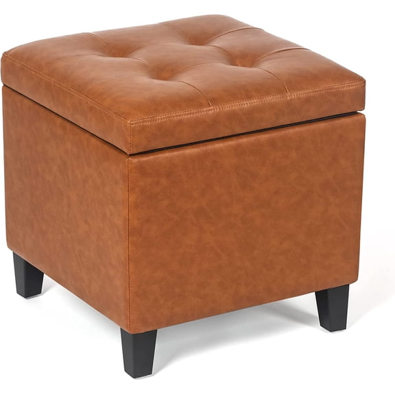18" Square Leather Storage Ottoman with Hinged Lid, Tufted Foot Rest Stool, Multi-Functional Cube Seat, Sturdy Faux Leather Footstool for Living Room Bedroom, Cognac Brown