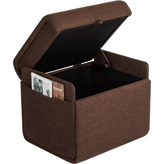 18" Square Ottoman with Storage, Fabric Foot Rest Stool with Side Pocket, Small Cube Upholstered Cotton Linen Footstool, Load up to 350 lb, for Living Room, Bedroom, Dorm, Coffe Brown
