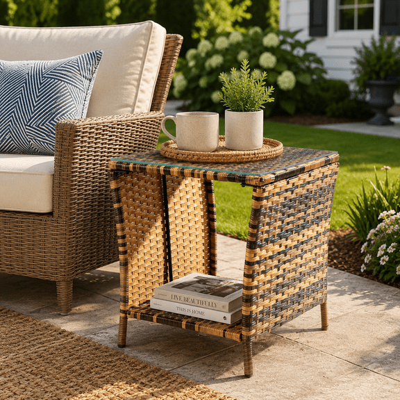 18'' Square Side Table for Patio, Outdoor Wicker Rattan Furniture End Table w/Storage Shelf, Glass Top Small Coffee Table for Backyard Deck Porch Bistro Set, Yellow