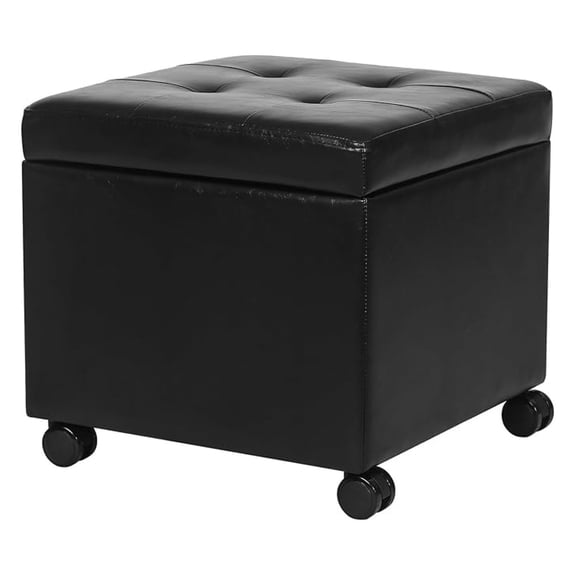 18" Square Storage Ottoman with Wheels, Faux Leather Tufted Footstool, Rolling Foot Rest for Living Room, Bedroom, Black