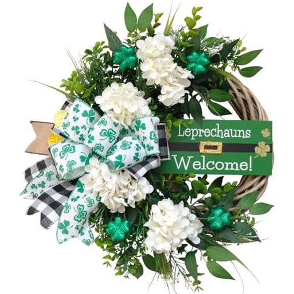 18" St. Patrick's Day Shamrocks Wreath for Front Door Artificial Clover Wreath with Hydrangea Green Leaves Bow  Board for Irish St. Patrick's Day Decoration Home Spring/Summer Decor