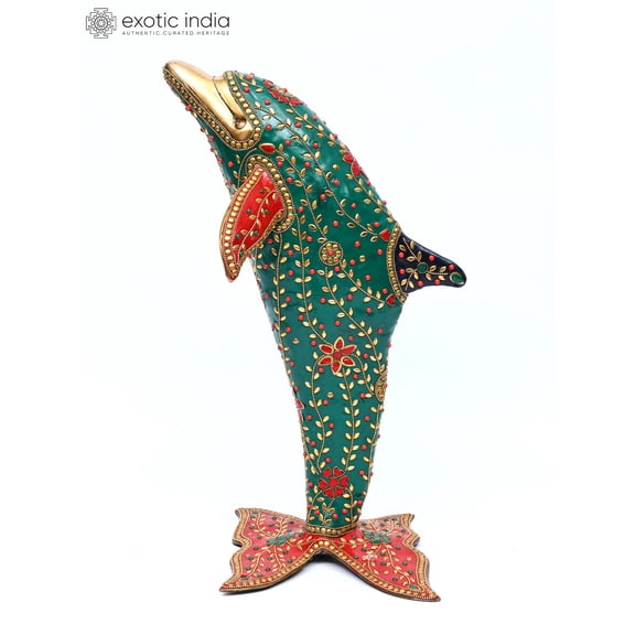 18" Standing Dolphin Statue in Brass with Inlay Work | Table Decor