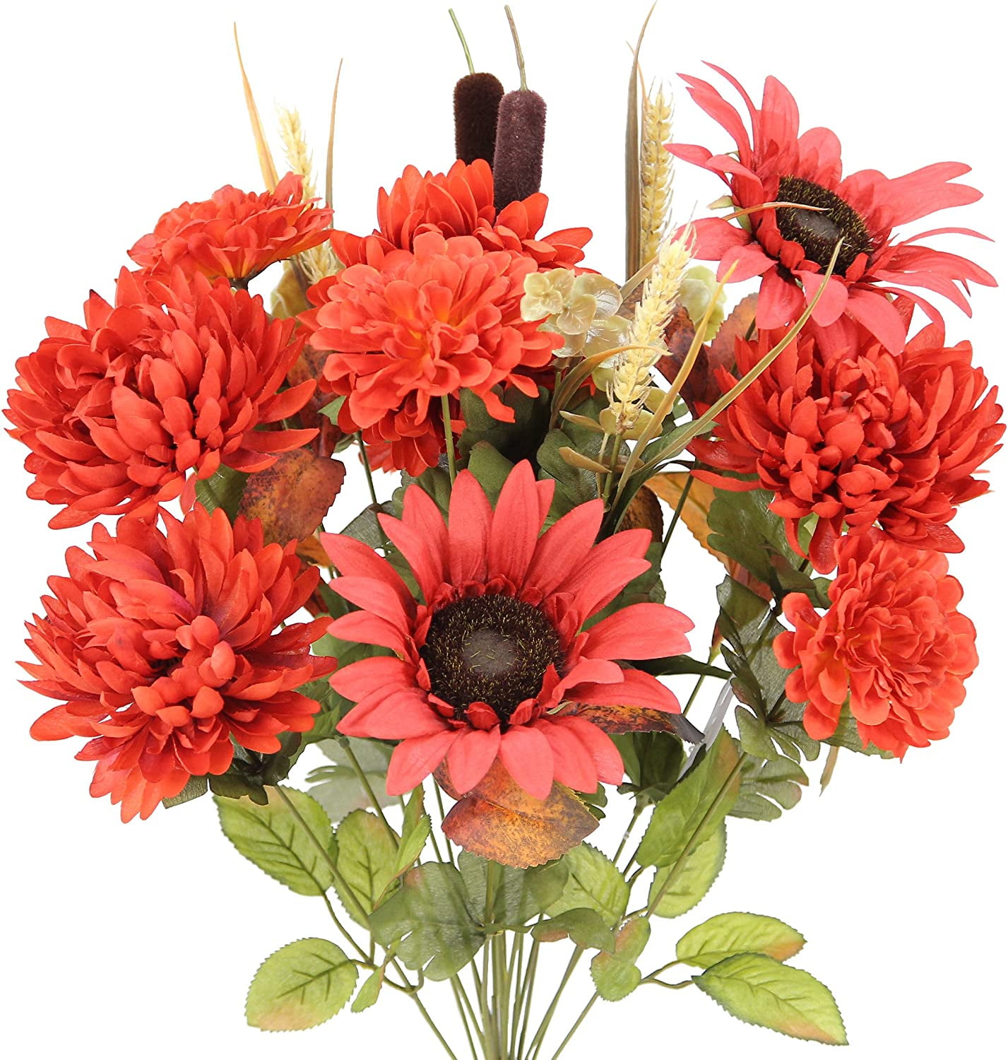 18 Stems Artificial Mums Sunflowers Zinna Silk Flowers Bush Foliage ...