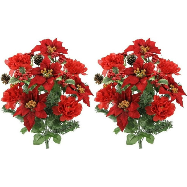 18 Stems Artificial Poinsettia Bouquet Fake Christmas Flowers, Faux
