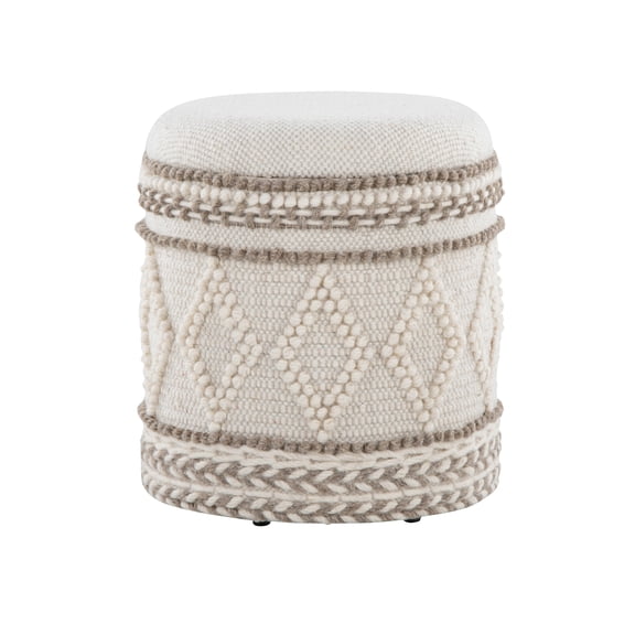 18" Storage Ottoman in Beige Handwoven Wool with Tufted and Knoted Design