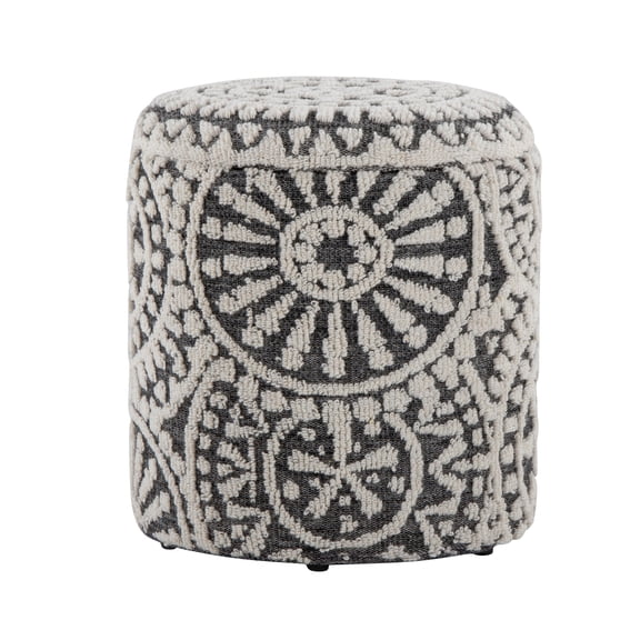 18" Storage Ottoman in Black and Ivory Handwoven Wool with Tufted and Knotted Design