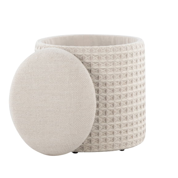 18" Storage Ottoman in Ivory Wool with 3d Woven Texture