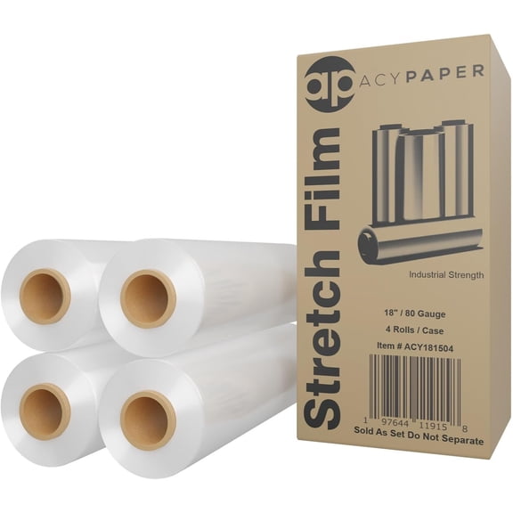 18" Stretch Film/Wrap 1200 feet 80 Gauge Industrial Strength, up to 800% Stretch 20 Microns Clear Cling Durable Adhering Packing Moving Packaging Heavy Duty Shrink Film (4 Rolls/Box)