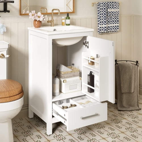 18" Sturdy Wood Small Bathroom Storage Cabinet, Bathroom Organizer Cabinet with Soft Close, Compact Vanity Unit for Small Spaces with Ceramic Sink for Bathroom, White
