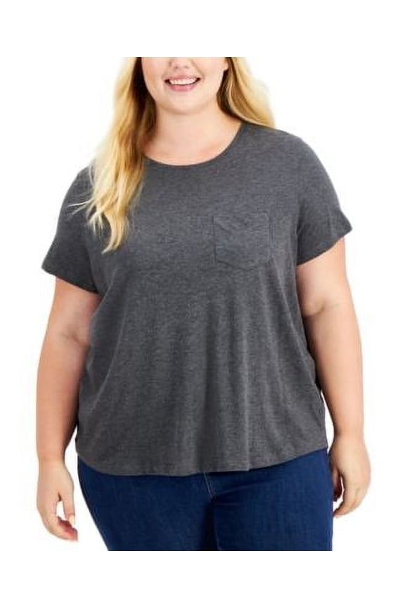Style & Co Plus Size Cotton Heathered One Pocket T-Shirt Charcoal Heather 3X