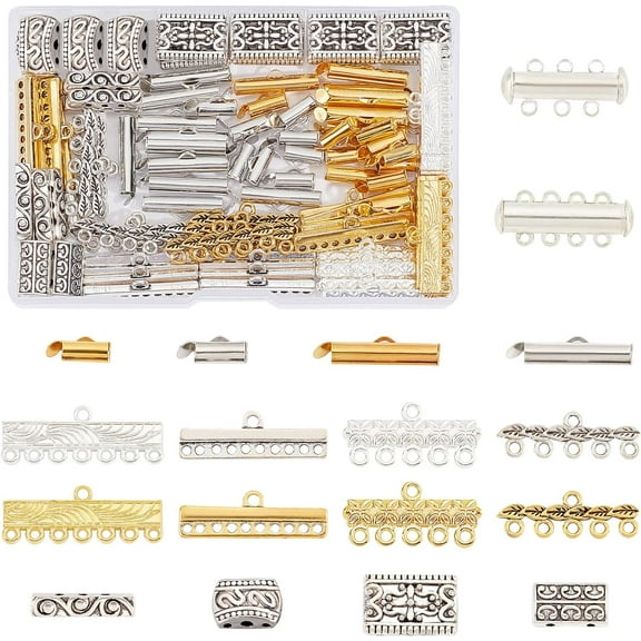 18 Styles Layering Clasp 166pcs Slide Lock Clasps Multi Strand Necklace Slide On End Clasp Tubes Tibetan Charm Connector Links Jewelry Clasps for Layered Bracelet Necklace Crafts DIY