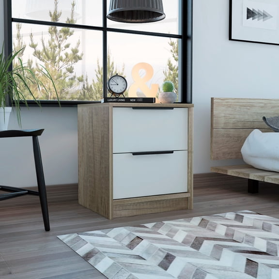 18" Tall Night Stand, Two Drawers, Modern Fascination, Extra Storage Space Nightstand 19" H, 2 White/ Oak Trait, Unit