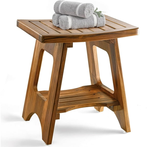 18" Teak Shower Bench for Inside Shower - 450LBS Capacity Wooden Shower Stool Benches Waterproof for Shaving Legs - Bench Seat with Storage Towel Shelf for Bathroom - Tub Bench Chair Spa Bath