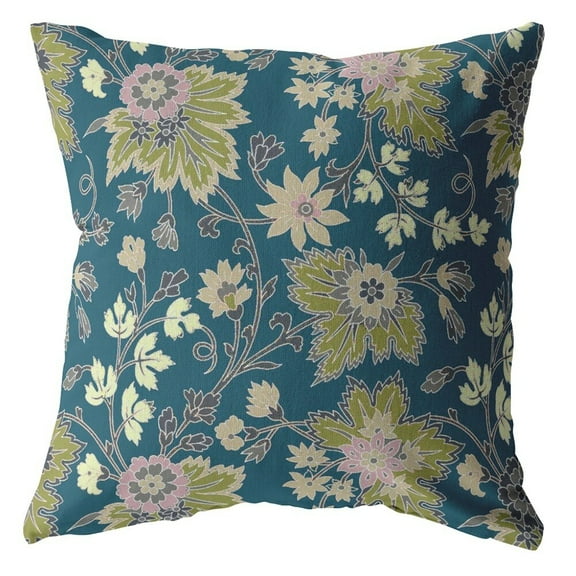 18" Teal Green Jacobean Suede Throw Pillow