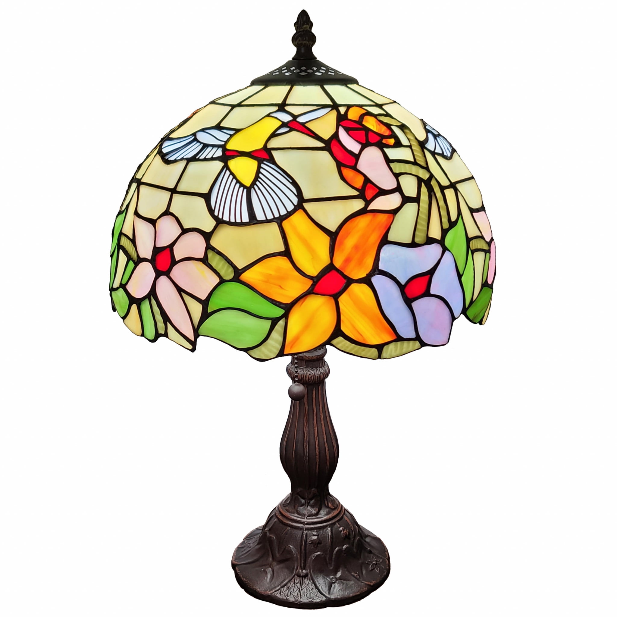 19" Multicolor Stained Glass Floral Table Lamp with Dark Brown Metal Base