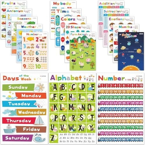 18 Toddlers Educational Learning Posters Classroom Wall Decorations Preschool Teaching for Baby Kids Teaching Numbers, ABC Alphabet Chart, Shapes, Days of The Week