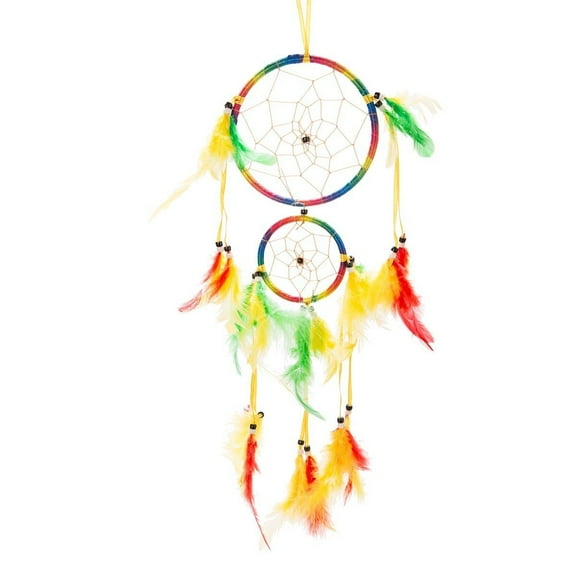 18" Traditional Rainbow Dream Catcher with Feathers Wall or Car Hanging Ornament Double Circles
