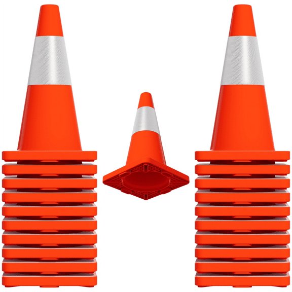 18" Traffic Safety Cones with Reflective Collars, Bright Orange Color, Durable Base, Stable Design, Orange Construction Cones, Roadways, Parking Lots, Construction Sites