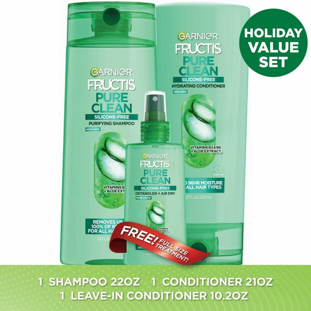 ($18 Value) Garnier Fructis Pure Clean Shampoo Conditioner and Treatment Gift Set, Holiday Kit