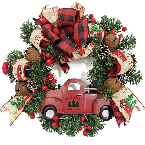 18" Vintage Buffalo Check Truck Wreath for Christmas, Rustic Simple Decor, Christmas Door Wreaths Farmhouse Wreaths for Front Door