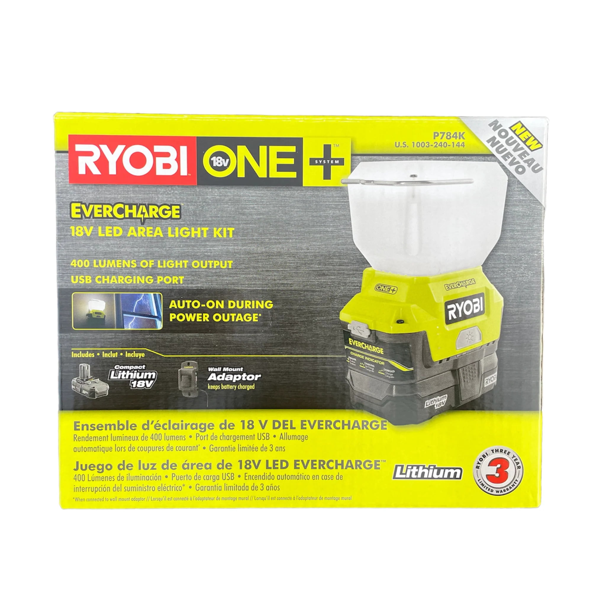 RYOBI 18-Volt ONE+ Lithium-Ion Cordless EVERCHARGE LED Area Light, 1.3 ...