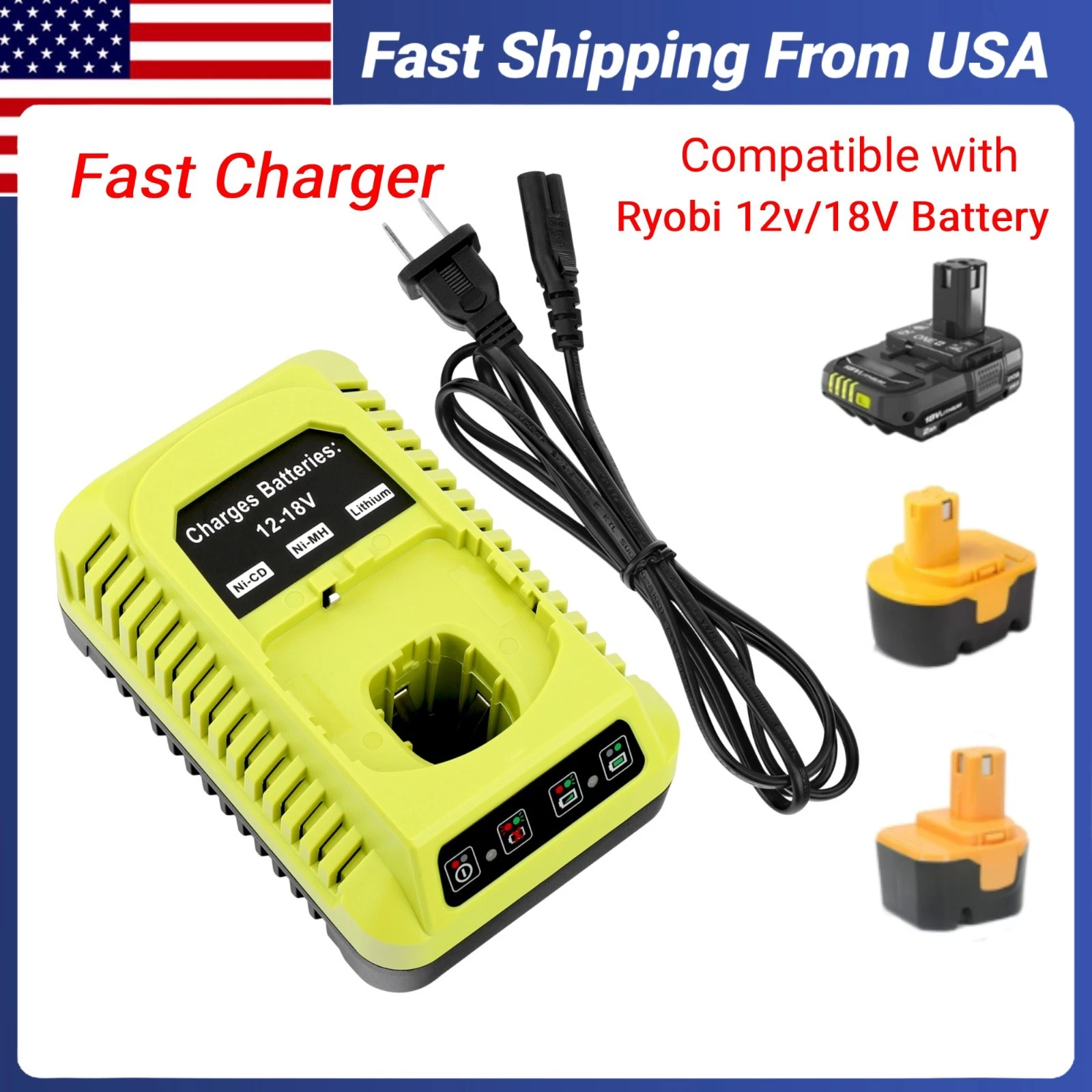 18-Volt P117 Rapid Charger Replace for Ryobi 12V-18V Battery One+ Lithium-Ion/NiCad/NiMh Battery P102 P108 P189 P197 P103 P105 P107 P190 P191 PBP002 PBP005