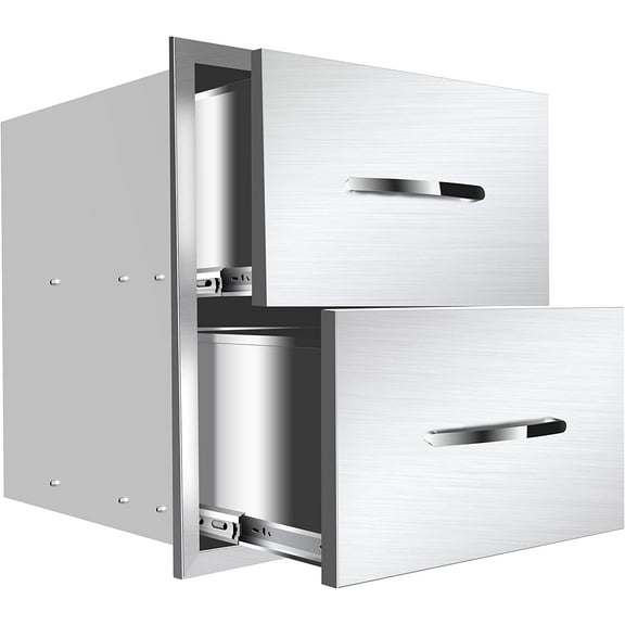 18''W x 15''H x 23''D Outdoor Kitchen Stainless Steel Flush Mount BBQ Drawers with Handles - Double Access Island for Outdoor Kitchens or Patio Grill Station