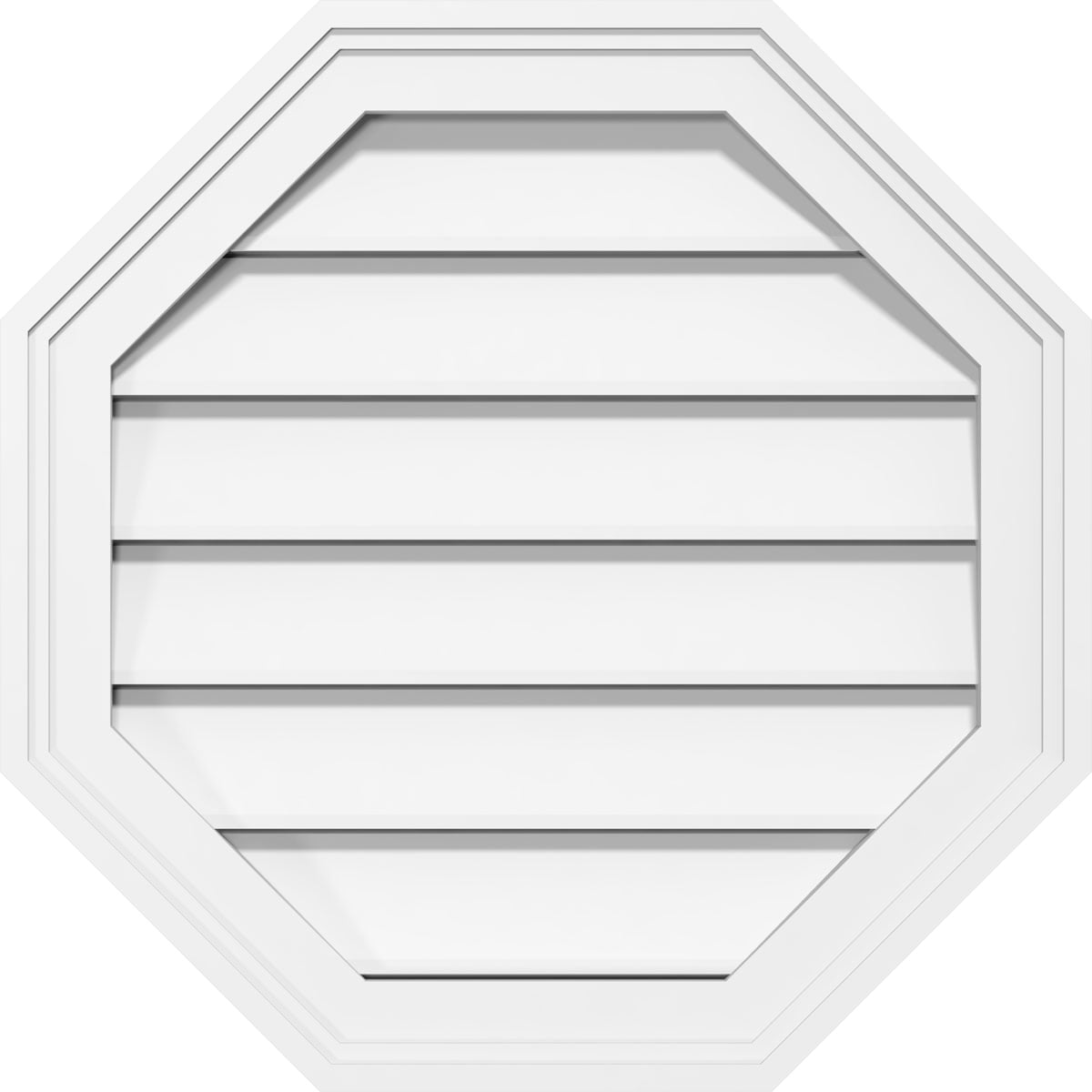 18"W x 18"H Octagonal Surface Mount PVC Gable Vent: Functional, w/ 2"W x 1-1/2"P Brickmould Frame
