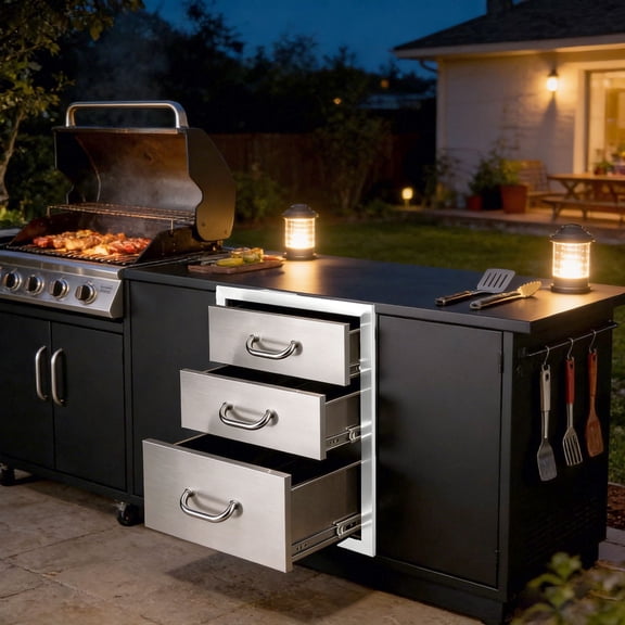 18''W x 23''H x 23''D Flush Mount Triple Drawer, 3-Drawer Outdoor Kitchen Cabinets, Stainless Steel BBQ Drawers with 3 x 48LBS/Tier Design for Patio Outdoor Kitchen