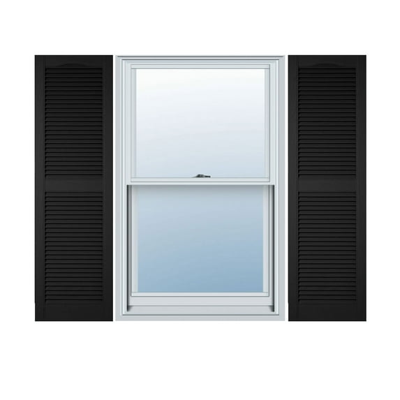 18"W x 27"H Lifetime Vinyl, Custom Cathedral Top Center Mullion, Open Louver Shutters, w/Shutter-Loks (Per Pair), Black