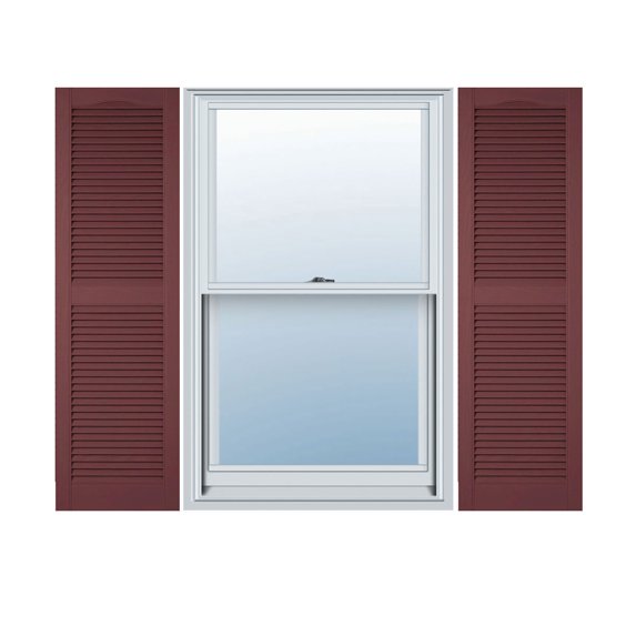 18"W x 27"H Lifetime Vinyl, Custom Cathedral Top Center Mullion, Open Louver Shutters, w/Shutter-Loks (Per Pair), Wineberry
