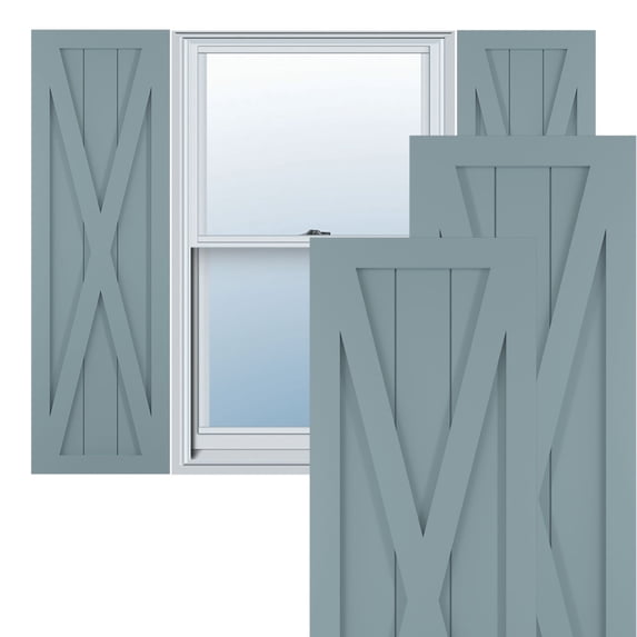 18"W x 41"H True Fit PVC Single X-Board Farmhouse Fixed Mount Shutters, Peaceful Blue (Per Pair - Hardware Not Included)