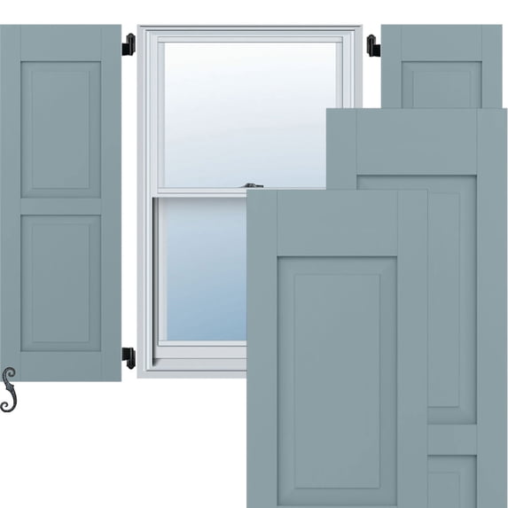 18"W x 45"H Americraft Two Equal Raised Panel Exterior Real Wood Shutters (Per Pair), Peaceful Blue