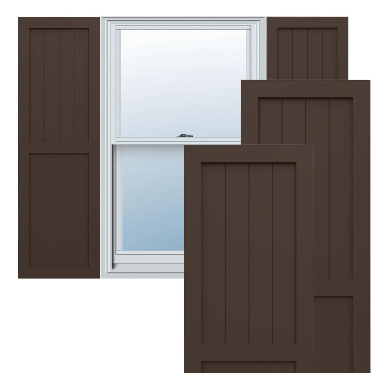 18"W x 57"H True Fit PVC Farmhouse/Flat Panel Combination Fixed Mount Shutters, Raisin Brown (Per Pair - Hardware Not Included)