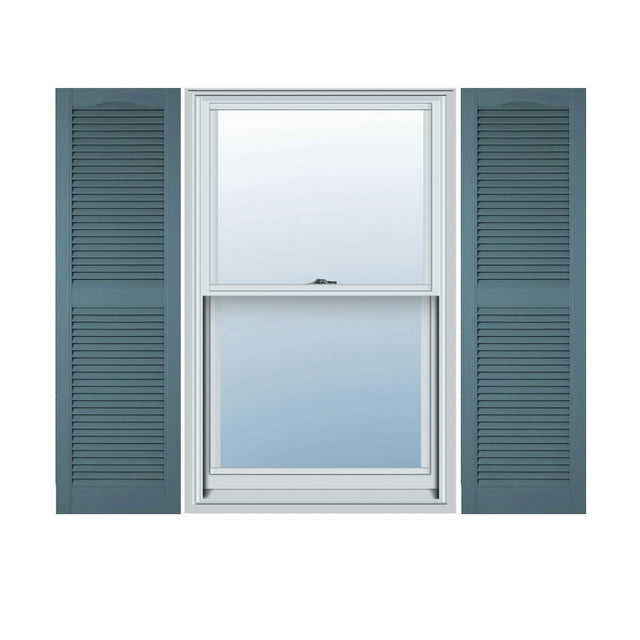 18"W x 58"H Lifetime Vinyl, Custom Cathedral Top Center Mullion, Open Louver Shutters, w/Shutter-Loks (Per Pair), Wedgewood Blue