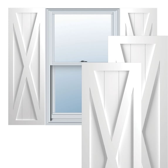 18"W x 58"H True Fit PVC Single X-Board Farmhouse Fixed Mount Shutters, White (Per Pair - Hardware Not Included)