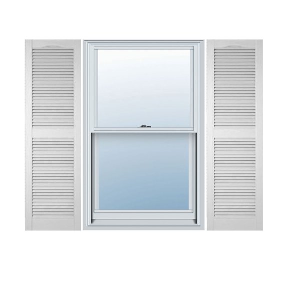 18"W x 66"H Lifetime Vinyl, Custom Cathedral Top Center Mullion, Open Louver Shutters, w/Shutter-Loks (Per Pair), White
