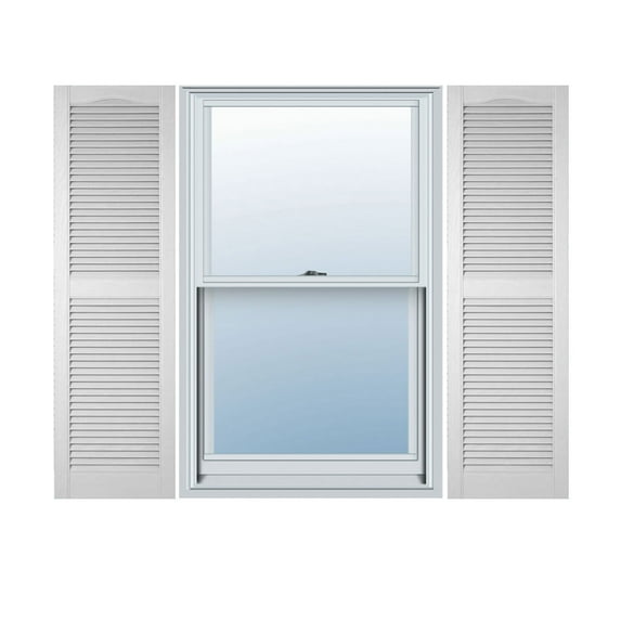 18"W x 69"H Lifetime Vinyl, Custom Cathedral Top Center Mullion, Open Louver Shutters, w/Shutter-Loks (Per Pair), White