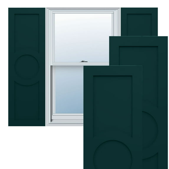 18"W x 70"H True Fit PVC Center Circle Arts & Crafts Fixed Mount Shutters, Thermal Green (Per Pair - Hardware Not Included)