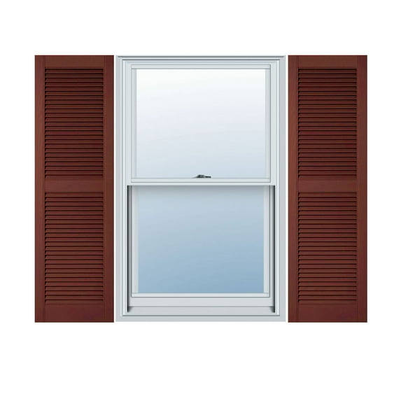 18"W x 76"H Lifetime Vinyl, Custom Straight Top Center Mullion, Open Louver Shutters, Burgundy Red