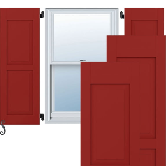 18"W x 77"H Americraft Two Equal Raised Panel Exterior Real Wood Shutters (Per Pair), Fire Red