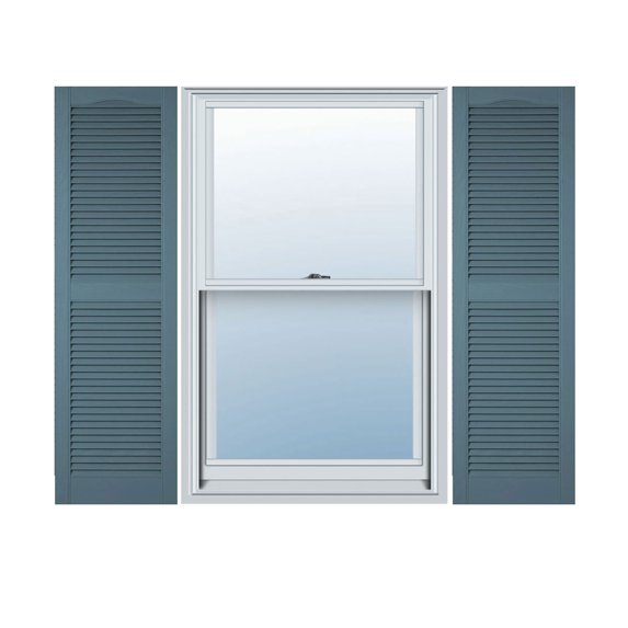 18"W x 85"H Lifetime Vinyl, Custom Cathedral Top Center Mullion, Open Louver Shutters, w/Shutter-Loks (Per Pair), Wedgewood Blue