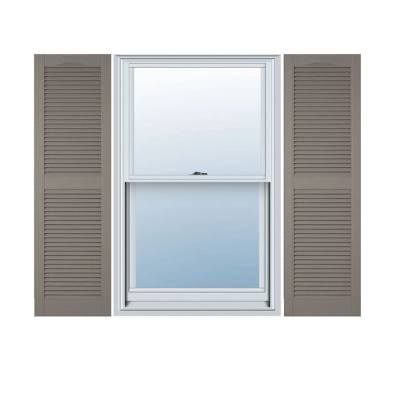 18"W x 86"H Lifetime Vinyl, Custom Cathedral Top Center Mullion, Open Louver Shutters, w/Shutter-Loks (Per Pair), Clay