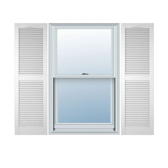 18"W x 93"H Lifetime Vinyl, Custom Cathedral Top Center Mullion, Open Louver Shutters, w/Shutter-Loks (Per Pair), Bright White