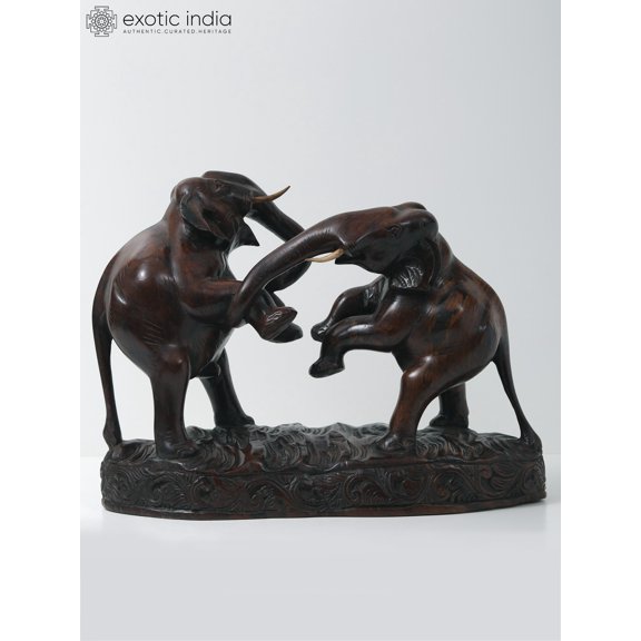 18" Walnut Wood Fighting Elephants | Decorative Showpiece from Kashmir