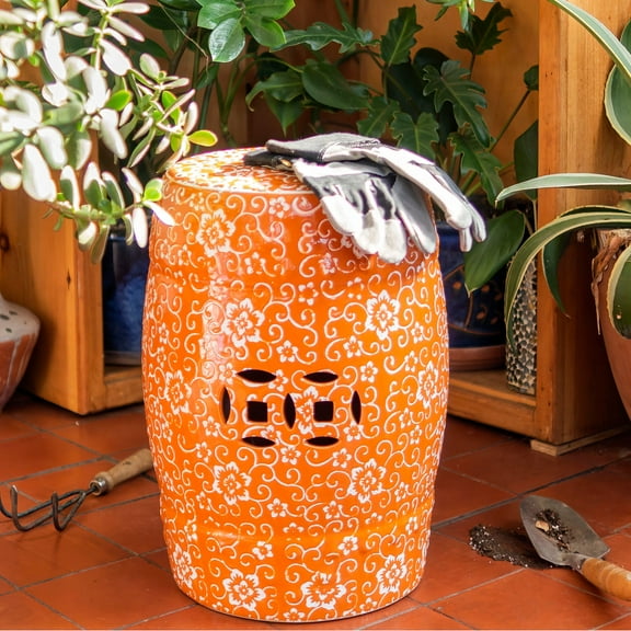 18" White Flowers on Orange Garden Stool