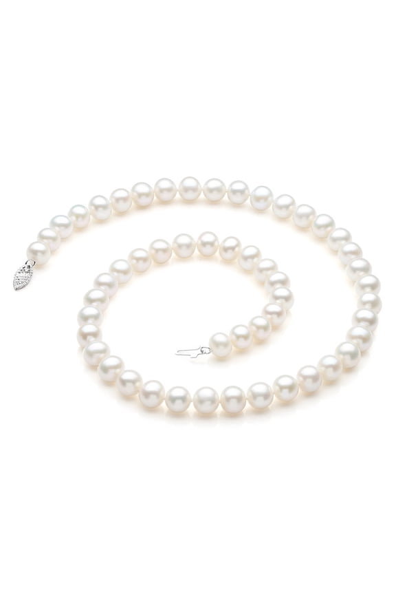18 White Freshwater Cultured Pearl Necklace 8.0-8.5mm Round AAA Quality with 14K Solid White Gold Clasp