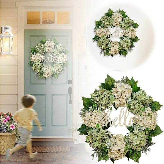 18" White Hydrangea Spring Wreath,Farmhouse Artificial Floral Wreath for Front Door,Wall,Mantle,Wedding,Party,Indoor & Outdoor Home Decor