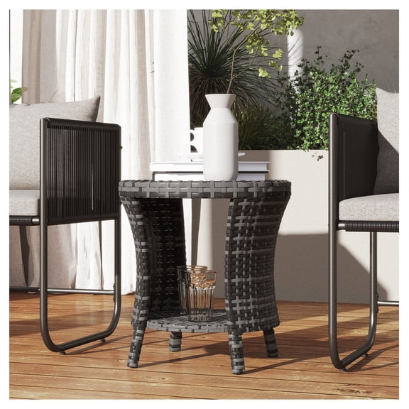 18" Wicker Coffee Table, Outdoor Patio Side Table with Storage, PE Rattan, Composite Wood Top, Gray